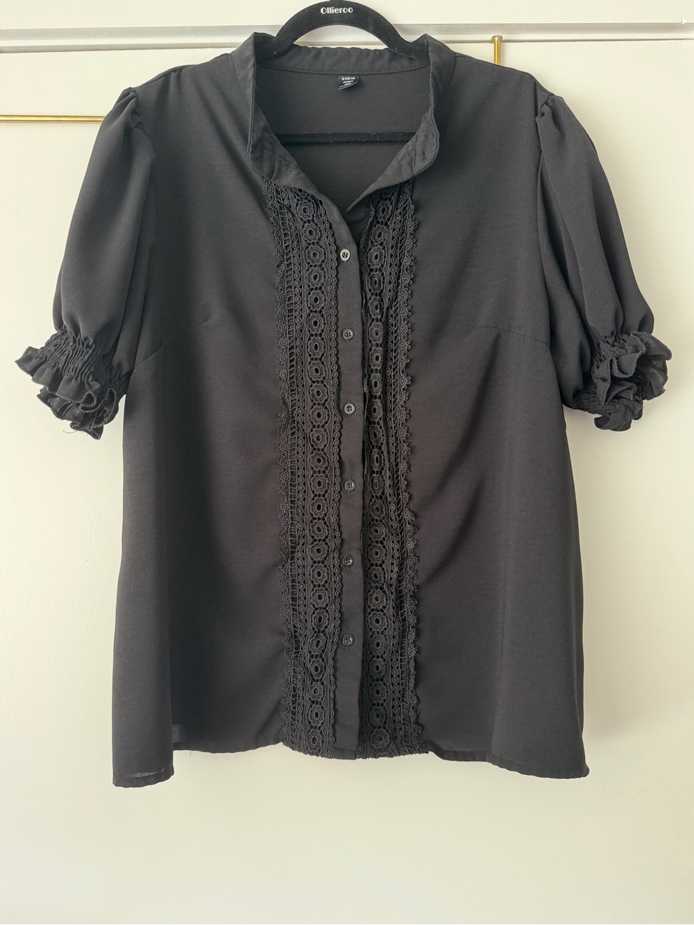 SHEIN Black Lace-Trim Puff Sleeve Blouse